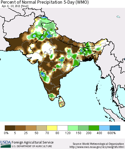 Southern Asia Percent of Normal Precipitation 5-Day (WMO) Thematic Map For 4/6/2021 - 4/10/2021