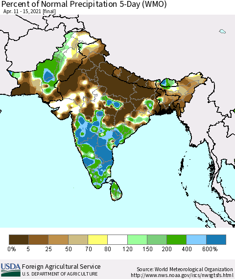 Southern Asia Percent of Normal Precipitation 5-Day (WMO) Thematic Map For 4/11/2021 - 4/15/2021