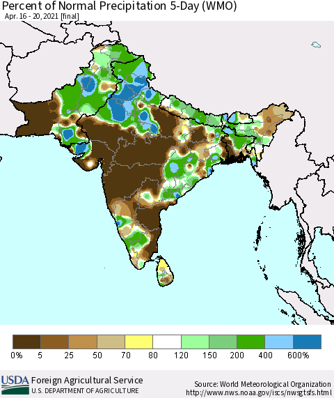 Southern Asia Percent of Normal Precipitation 5-Day (WMO) Thematic Map For 4/16/2021 - 4/20/2021