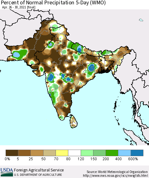 Southern Asia Percent of Normal Precipitation 5-Day (WMO) Thematic Map For 4/26/2021 - 4/30/2021