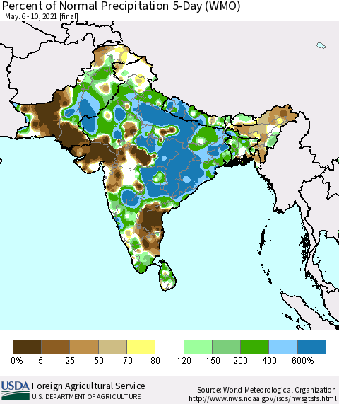 Southern Asia Percent of Normal Precipitation 5-Day (WMO) Thematic Map For 5/6/2021 - 5/10/2021