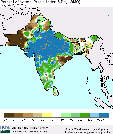 Southern Asia Percent of Normal Precipitation 5-Day (WMO) Thematic Map For 5/16/2021 - 5/20/2021