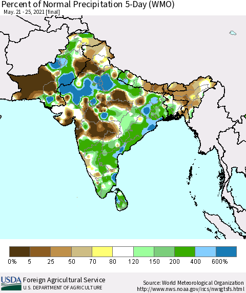 Southern Asia Percent of Normal Precipitation 5-Day (WMO) Thematic Map For 5/21/2021 - 5/25/2021