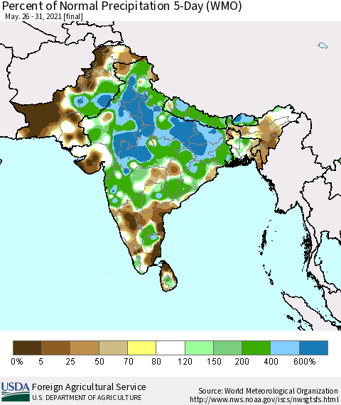 Southern Asia Percent of Normal Precipitation 5-Day (WMO) Thematic Map For 5/26/2021 - 5/31/2021