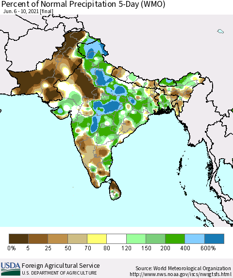 Southern Asia Percent of Normal Precipitation 5-Day (WMO) Thematic Map For 6/6/2021 - 6/10/2021