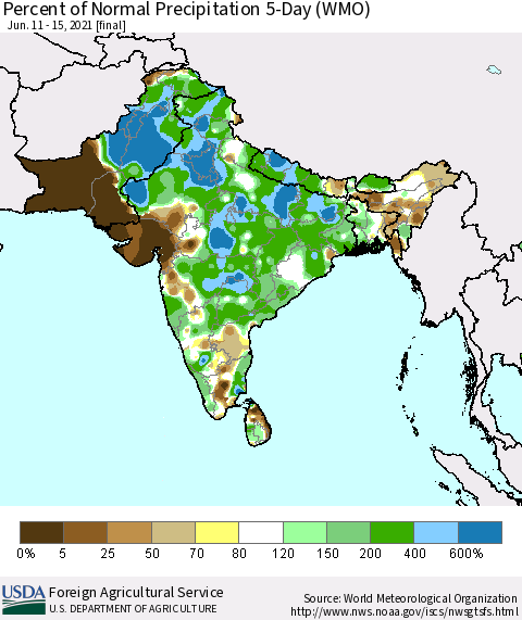 Southern Asia Percent of Normal Precipitation 5-Day (WMO) Thematic Map For 6/11/2021 - 6/15/2021