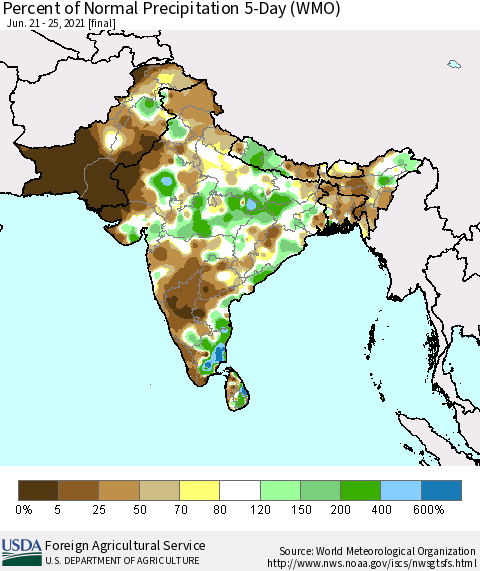 Southern Asia Percent of Normal Precipitation 5-Day (WMO) Thematic Map For 6/21/2021 - 6/25/2021