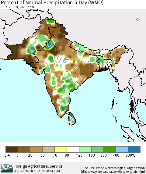 Southern Asia Percent of Normal Precipitation 5-Day (WMO) Thematic Map For 6/26/2021 - 6/30/2021