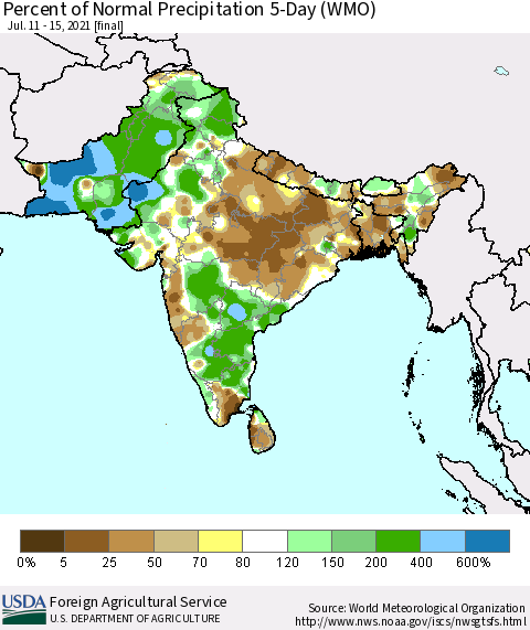 Southern Asia Percent of Normal Precipitation 5-Day (WMO) Thematic Map For 7/11/2021 - 7/15/2021
