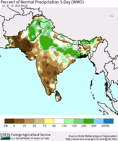 Southern Asia Percent of Normal Precipitation 5-Day (WMO) Thematic Map For 7/26/2021 - 7/31/2021