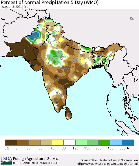 Southern Asia Percent of Normal Precipitation 5-Day (WMO) Thematic Map For 8/1/2021 - 8/5/2021