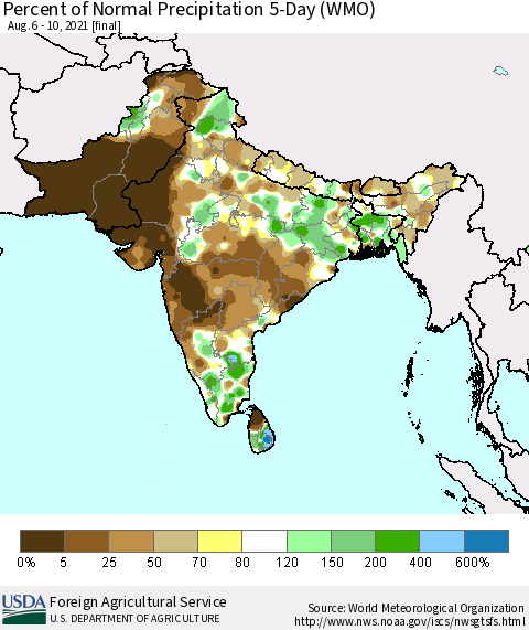 Southern Asia Percent of Normal Precipitation 5-Day (WMO) Thematic Map For 8/6/2021 - 8/10/2021