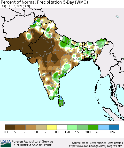 Southern Asia Percent of Normal Precipitation 5-Day (WMO) Thematic Map For 8/11/2021 - 8/15/2021