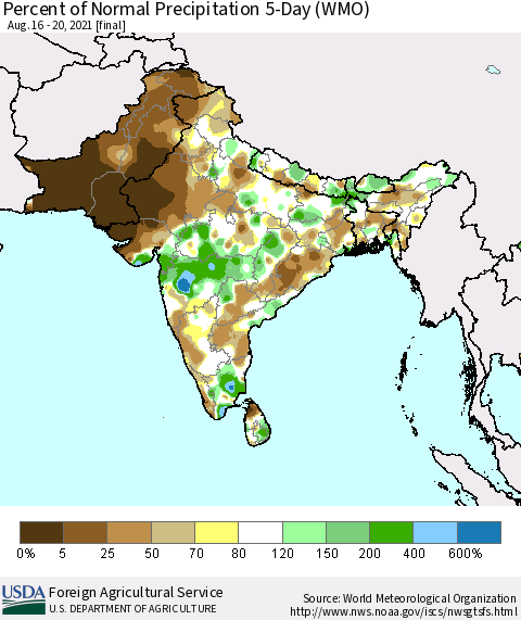 Southern Asia Percent of Normal Precipitation 5-Day (WMO) Thematic Map For 8/16/2021 - 8/20/2021