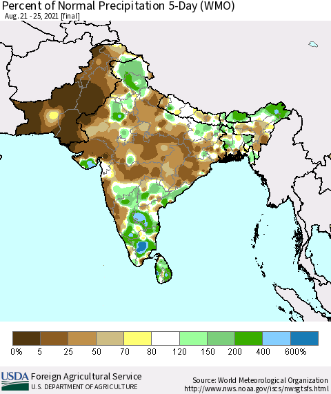 Southern Asia Percent of Normal Precipitation 5-Day (WMO) Thematic Map For 8/21/2021 - 8/25/2021