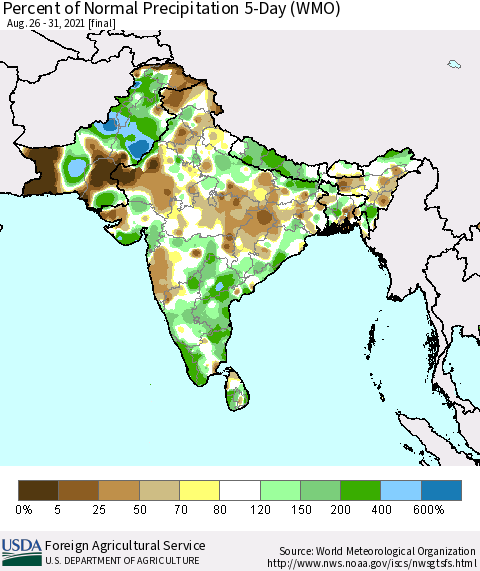 Southern Asia Percent of Normal Precipitation 5-Day (WMO) Thematic Map For 8/26/2021 - 8/31/2021