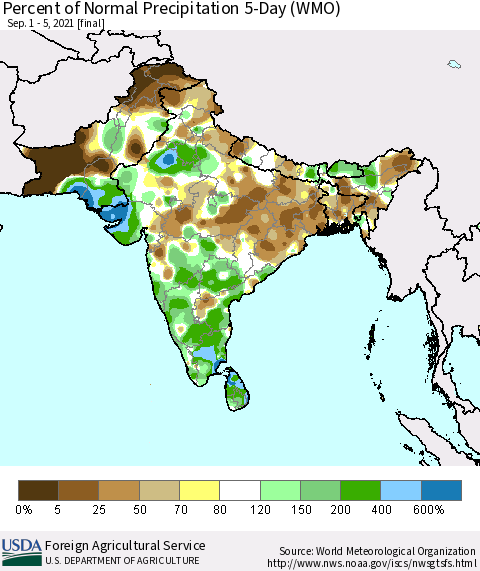 Southern Asia Percent of Normal Precipitation 5-Day (WMO) Thematic Map For 9/1/2021 - 9/5/2021