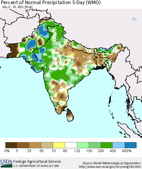 Southern Asia Percent of Normal Precipitation 5-Day (WMO) Thematic Map For 9/6/2021 - 9/10/2021
