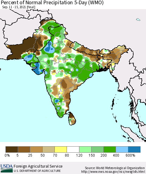 Southern Asia Percent of Normal Precipitation 5-Day (WMO) Thematic Map For 9/11/2021 - 9/15/2021