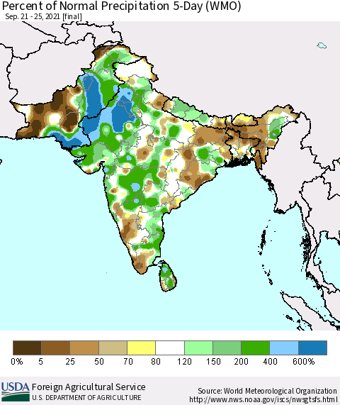 Southern Asia Percent of Normal Precipitation 5-Day (WMO) Thematic Map For 9/21/2021 - 9/25/2021