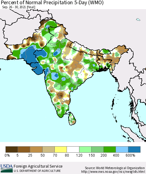 Southern Asia Percent of Normal Precipitation 5-Day (WMO) Thematic Map For 9/26/2021 - 9/30/2021