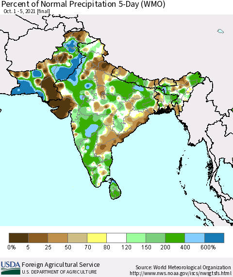 Southern Asia Percent of Normal Precipitation 5-Day (WMO) Thematic Map For 10/1/2021 - 10/5/2021