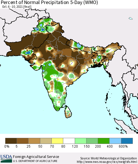 Southern Asia Percent of Normal Precipitation 5-Day (WMO) Thematic Map For 10/6/2021 - 10/10/2021