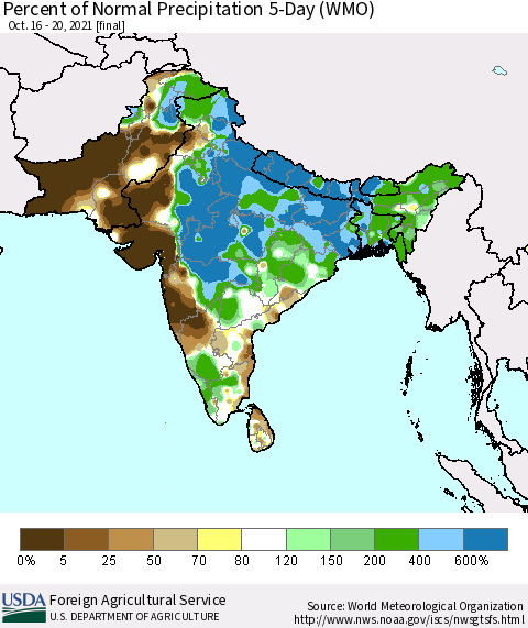 Southern Asia Percent of Normal Precipitation 5-Day (WMO) Thematic Map For 10/16/2021 - 10/20/2021