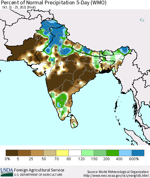 Southern Asia Percent of Normal Precipitation 5-Day (WMO) Thematic Map For 10/21/2021 - 10/25/2021