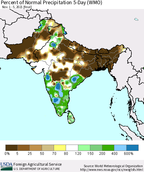 Southern Asia Percent of Normal Precipitation 5-Day (WMO) Thematic Map For 11/1/2021 - 11/5/2021