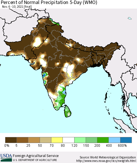Southern Asia Percent of Normal Precipitation 5-Day (WMO) Thematic Map For 11/6/2021 - 11/10/2021