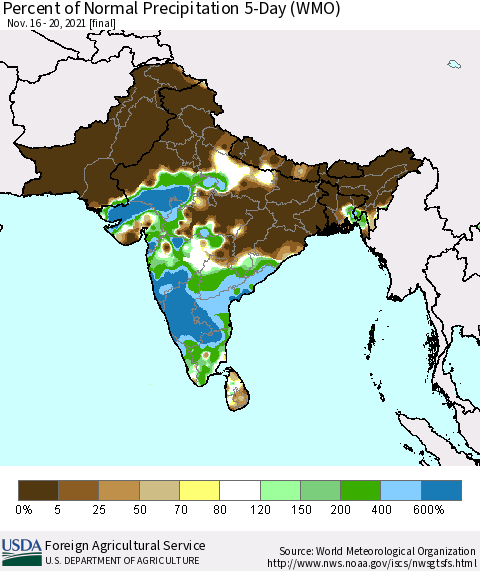 Southern Asia Percent of Normal Precipitation 5-Day (WMO) Thematic Map For 11/16/2021 - 11/20/2021