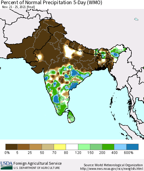 Southern Asia Percent of Normal Precipitation 5-Day (WMO) Thematic Map For 11/21/2021 - 11/25/2021