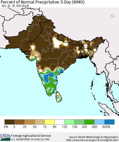 Southern Asia Percent of Normal Precipitation 5-Day (WMO) Thematic Map For 11/26/2021 - 11/30/2021