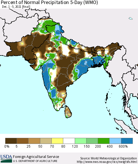 Southern Asia Percent of Normal Precipitation 5-Day (WMO) Thematic Map For 12/1/2021 - 12/5/2021