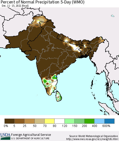 Southern Asia Percent of Normal Precipitation 5-Day (WMO) Thematic Map For 12/11/2021 - 12/15/2021