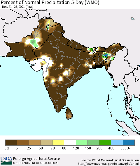 Southern Asia Percent of Normal Precipitation 5-Day (WMO) Thematic Map For 12/21/2021 - 12/25/2021