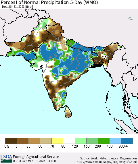 Southern Asia Percent of Normal Precipitation 5-Day (WMO) Thematic Map For 12/26/2021 - 12/31/2021