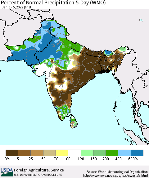 Southern Asia Percent of Normal Precipitation 5-Day (WMO) Thematic Map For 1/1/2022 - 1/5/2022