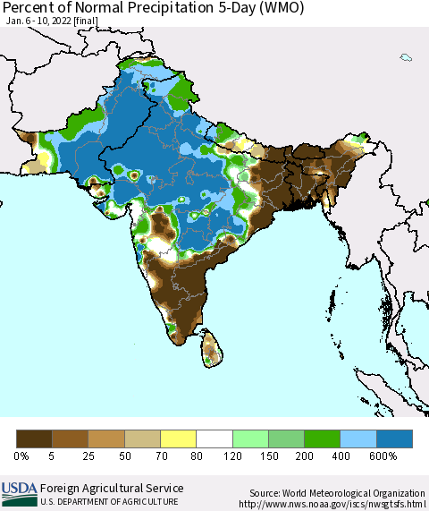 Southern Asia Percent of Normal Precipitation 5-Day (WMO) Thematic Map For 1/6/2022 - 1/10/2022