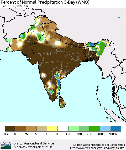 Southern Asia Percent of Normal Precipitation 5-Day (WMO) Thematic Map For 1/16/2022 - 1/20/2022