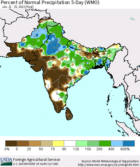 Southern Asia Percent of Normal Precipitation 5-Day (WMO) Thematic Map For 1/21/2022 - 1/25/2022