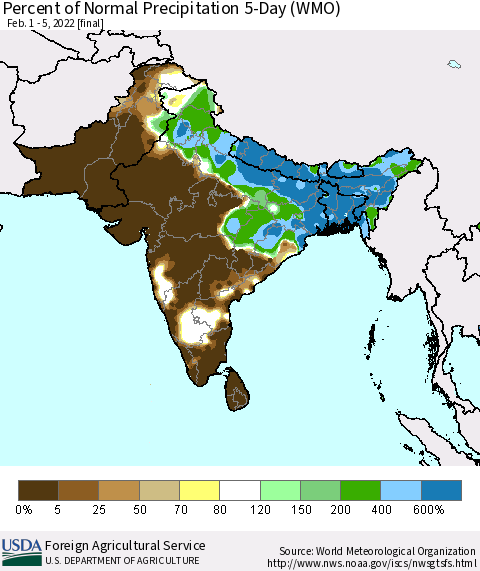 Southern Asia Percent of Normal Precipitation 5-Day (WMO) Thematic Map For 2/1/2022 - 2/5/2022