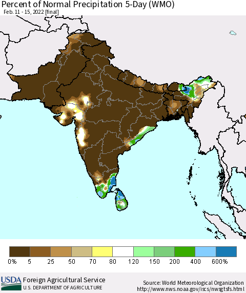 Southern Asia Percent of Normal Precipitation 5-Day (WMO) Thematic Map For 2/11/2022 - 2/15/2022