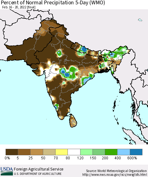 Southern Asia Percent of Normal Precipitation 5-Day (WMO) Thematic Map For 2/16/2022 - 2/20/2022