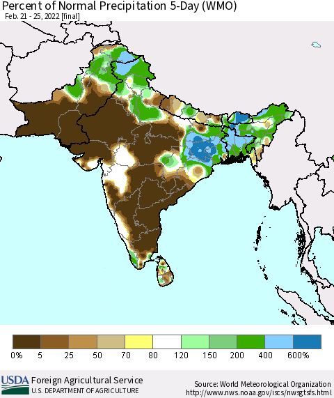 Southern Asia Percent of Normal Precipitation 5-Day (WMO) Thematic Map For 2/21/2022 - 2/25/2022