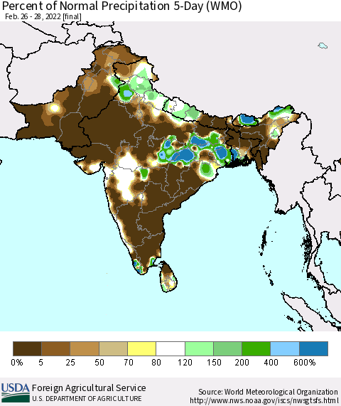Southern Asia Percent of Normal Precipitation 5-Day (WMO) Thematic Map For 2/26/2022 - 2/28/2022