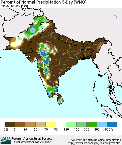Southern Asia Percent of Normal Precipitation 5-Day (WMO) Thematic Map For 3/6/2022 - 3/10/2022