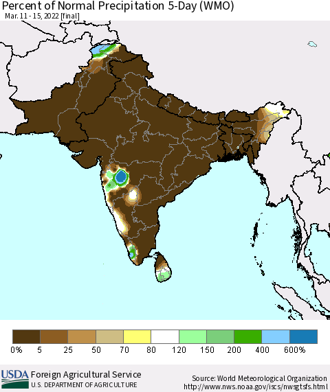 Southern Asia Percent of Normal Precipitation 5-Day (WMO) Thematic Map For 3/11/2022 - 3/15/2022