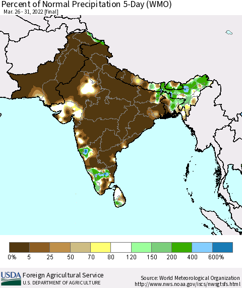 Southern Asia Percent of Normal Precipitation 5-Day (WMO) Thematic Map For 3/26/2022 - 3/31/2022